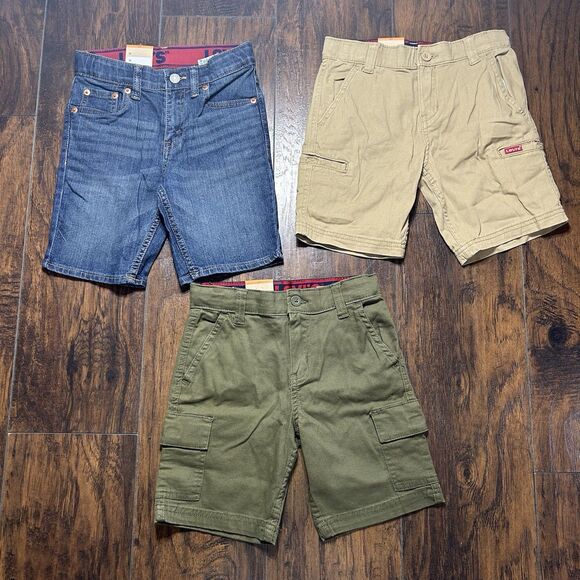 Levi's Boys 6/7 Bundle Of 3 Adjustable Denim Shorts Green Cargo Khaki Cargo NWT - Picture 2 of 4